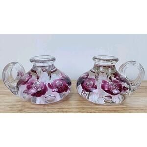 Set Of 2 1990 Vintage Gibson Art Blown Glass Candlestick Holders Paperweights